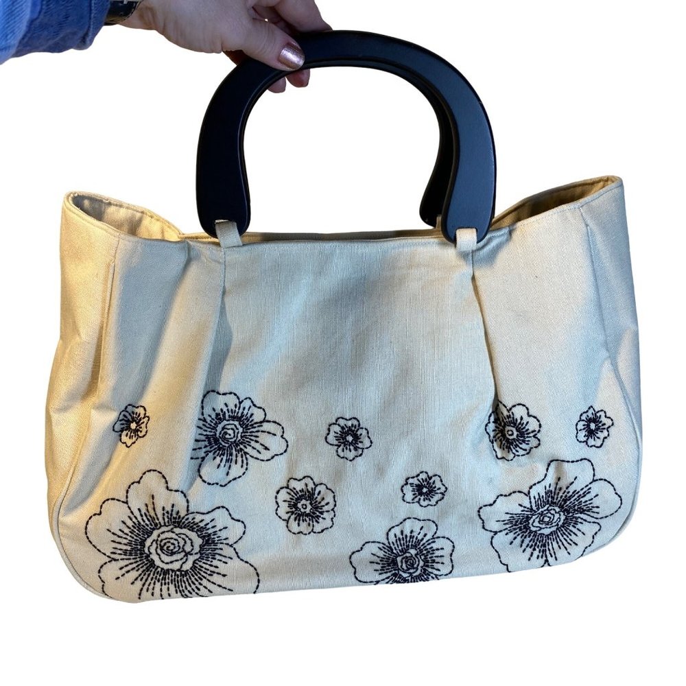 DV dolci vita collection large floral flowers black beige handbag embroidery